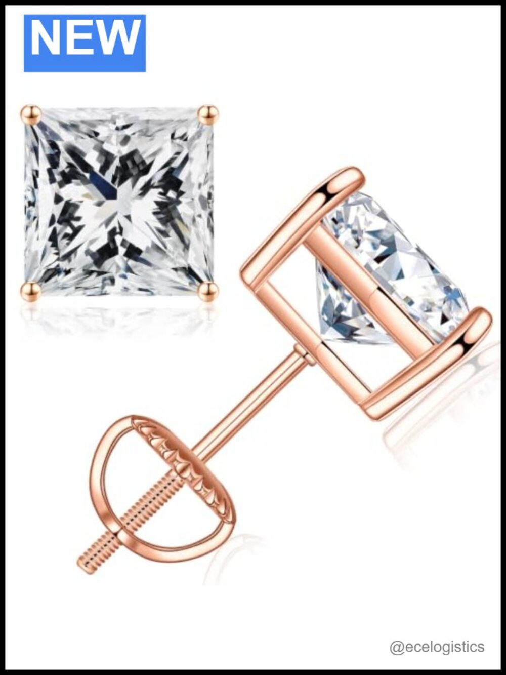 Princess Cut Moissanite Stud Earrings 925 Sterling Silver Screw Back